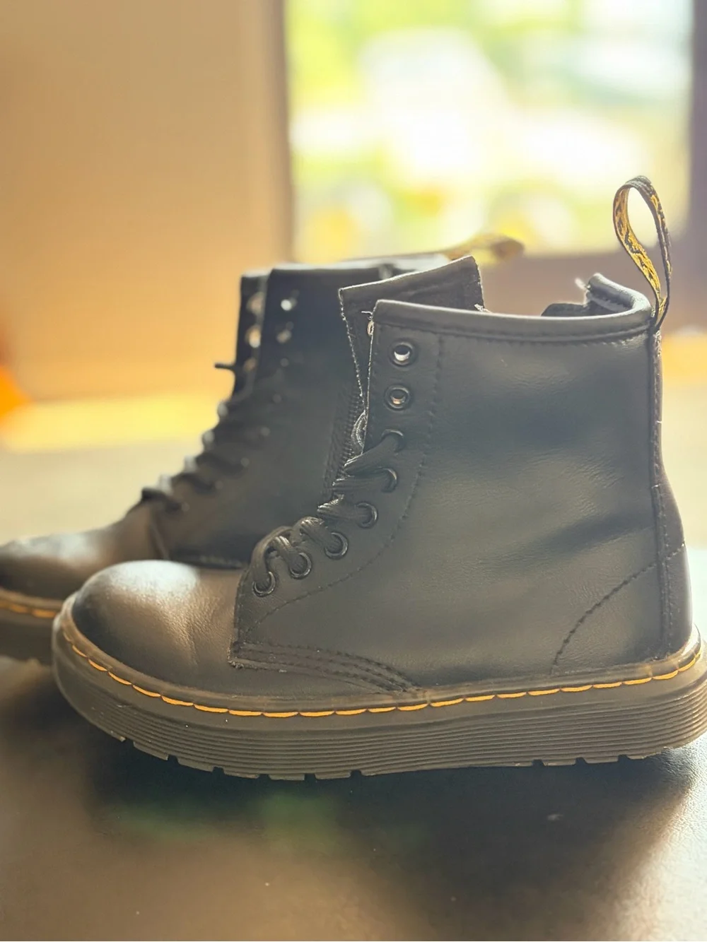 Dr. Martens Kids Black Leather Lace-Up Boots with Yellow Stitching